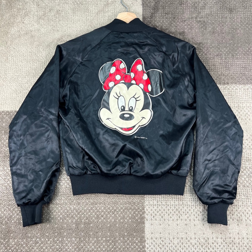 Vintage Chalk Line Minnie Mouse Disney Black Satin Bomber Jacket Kids 14/16 80s